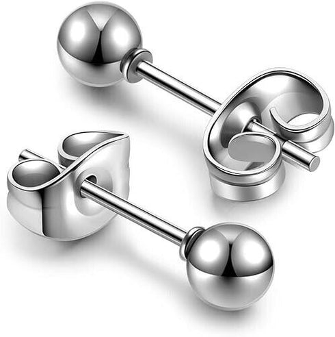 2 Pairs 316L Surgical-Steel Black & Silver Round Ball Men & Women Stud Earrings